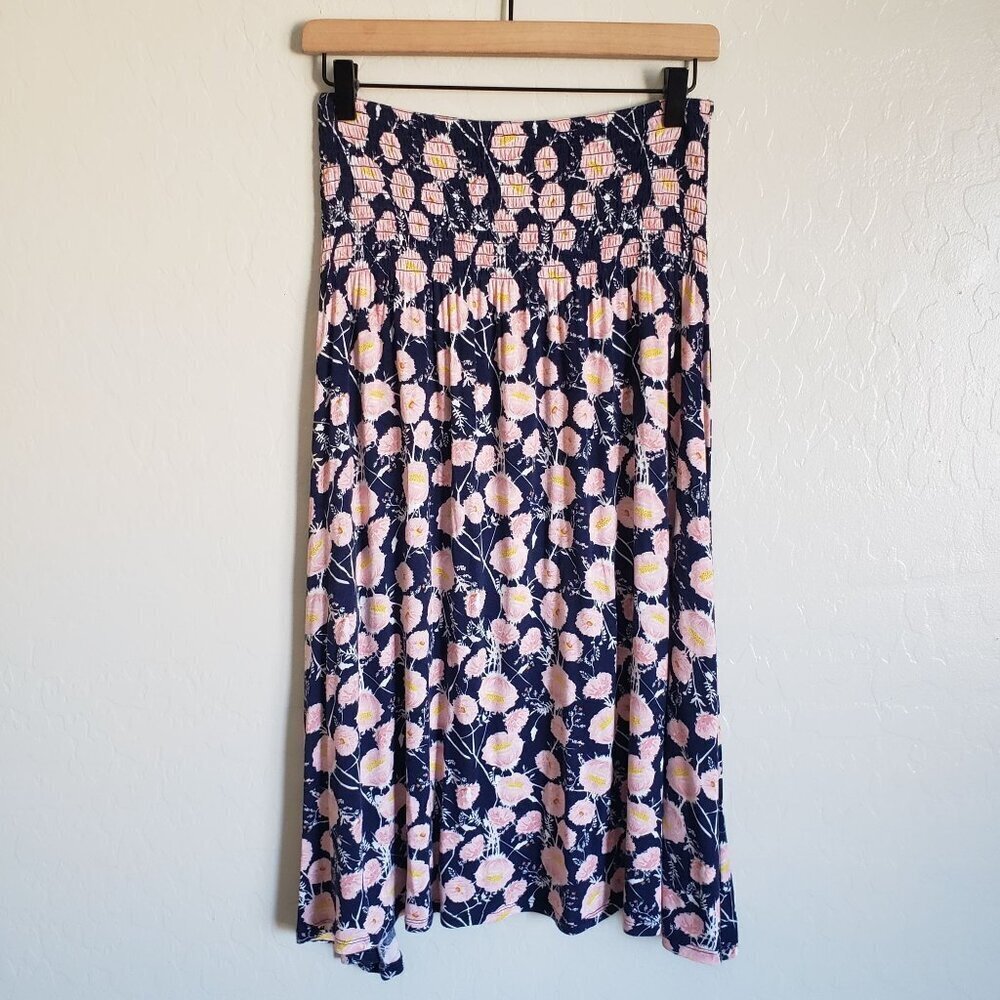 Downeast Smocked Floral Midi Skirt Blue/Pink Sz S Soft Jersey Knit Flowy Cottage